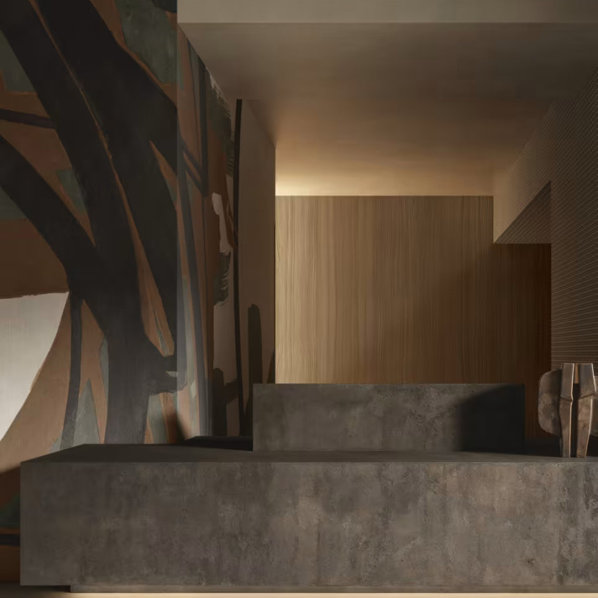 Fototapet cu un design abstract în nuanțe de maro și negru, integrat într-un interior modern.
