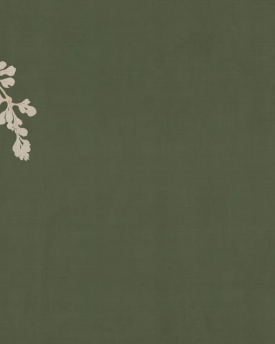 Tapet cu elemente florale abstracte și rustice pe un fundal verde, integrat într-un design de interior modern.