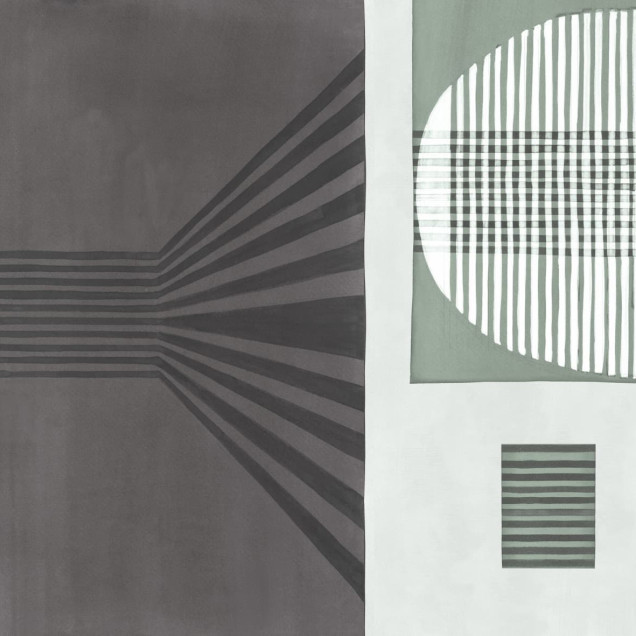 Tapet abstract geometric în nuanțe de gri și verde, cu linii paralele.