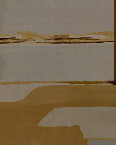 Fototapet abstract cu linii și forme în culori de ocru și gri, integrat într-un dormitor modern