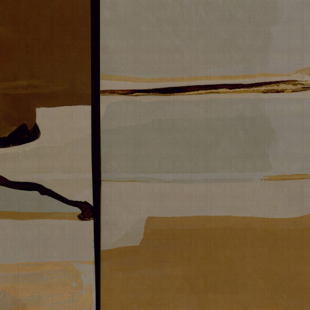 Fototapet abstract cu linii și forme în culori de ocru și gri, integrat într-un dormitor modern
