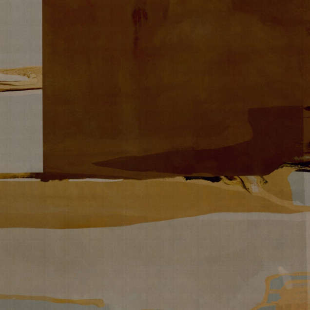 Fototapet abstract cu linii și forme în culori de ocru și gri, integrat într-un dormitor modern
