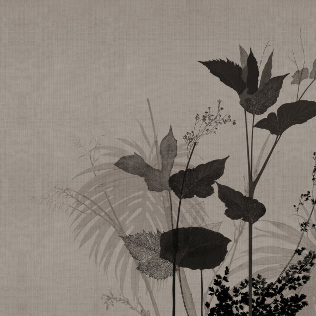 Tapet cu frunze mari și delicate în nuanțe sepia, cu textură de pânză