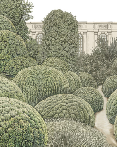 Fototapet cu o scenă detaliată dintr-o grădină europeană, cu arhitectură clasică și vegetație luxuriantă, prezentat într-un interior elegant.
