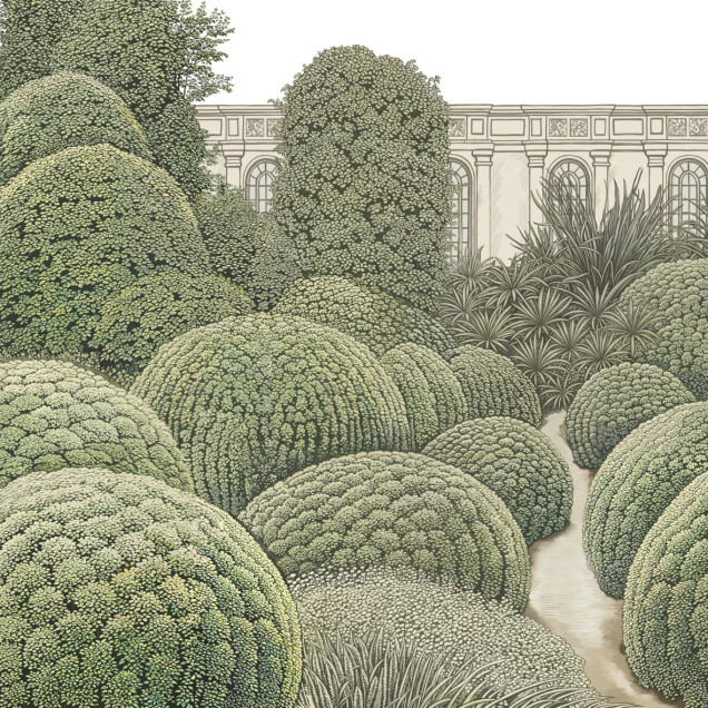 Fototapet cu o scenă detaliată dintr-o grădină europeană, cu arhitectură clasică și vegetație luxuriantă, prezentat într-un interior elegant.