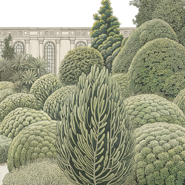 Fototapet cu o scenă detaliată dintr-o grădină europeană, cu arhitectură clasică și vegetație luxuriantă, prezentat într-un interior elegant.