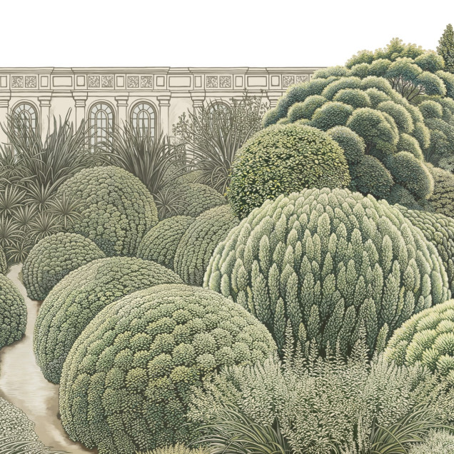 Fototapet cu o scenă detaliată dintr-o grădină europeană, cu arhitectură clasică și vegetație luxuriantă, prezentat într-un interior elegant.