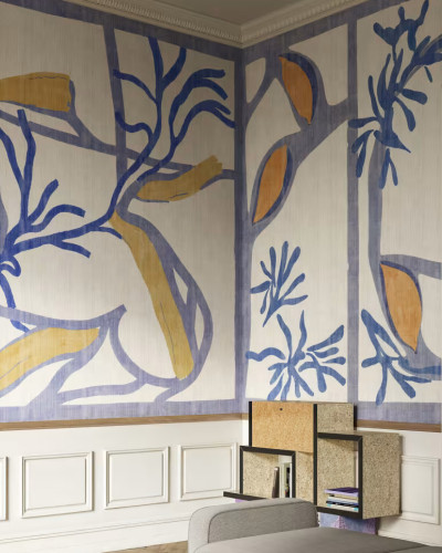 Tapet cu frunze și crengi albastre și portocalii, design abstract, stil modern