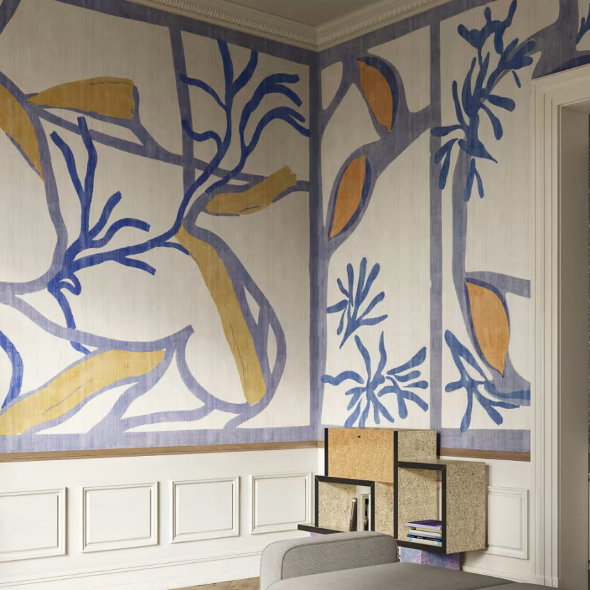 Tapet cu frunze și crengi albastre și portocalii, design abstract, stil modern