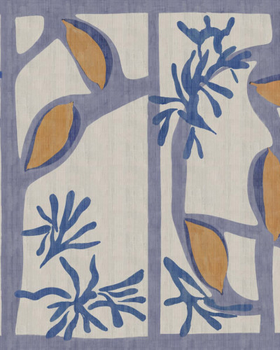 Tapet cu frunze și crengi albastre și portocalii, design abstract, stil modern