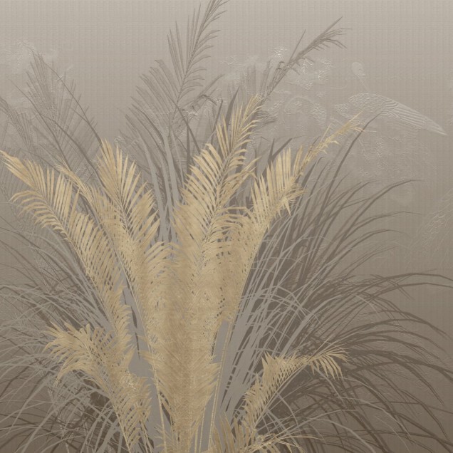 Tapet cu frunze aurii pe un fundal gri, ideal pentru dormitor sau living
