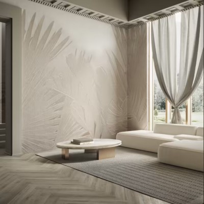 Wallpaper cu design minimalist cu nuante neutre si textura subtila, in decorul unui living modern.