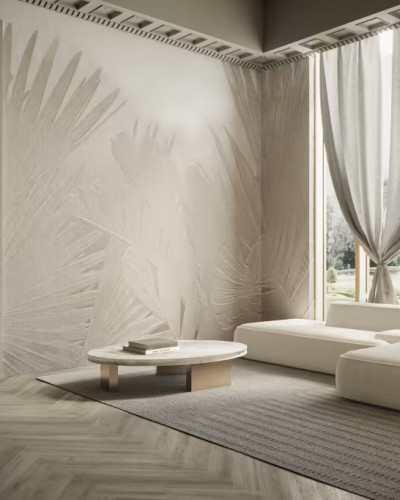 Wallpaper cu design minimalist cu nuante neutre si textura subtila, in decorul unui living modern.