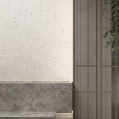 Tapet modern minimalist cu design de beton gri și elemente de lemn.