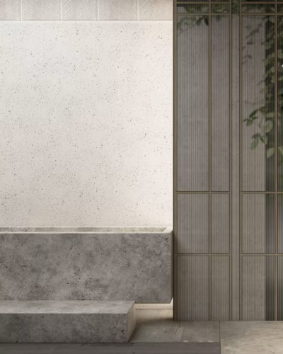 Tapet modern minimalist cu design de beton gri și elemente de lemn.