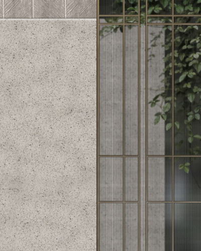 Tapet modern minimalist cu design de beton gri și elemente de lemn.