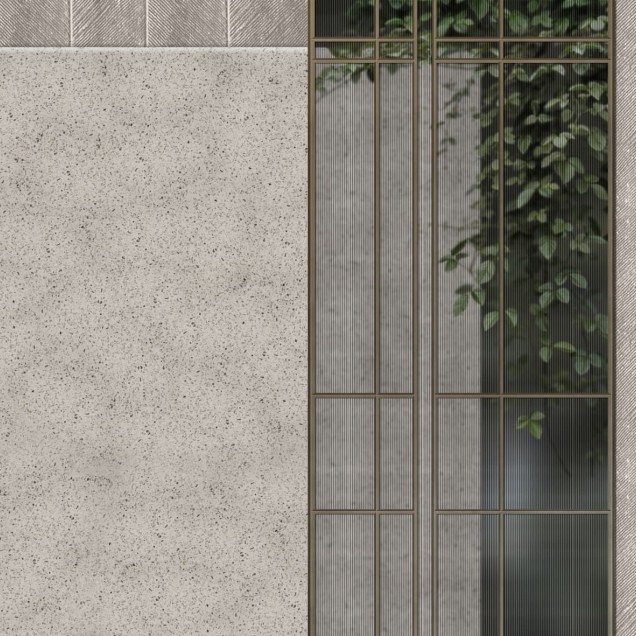 Tapet modern minimalist cu design de beton gri și elemente de lemn.