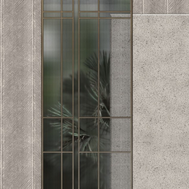 Tapet modern minimalist cu design de beton gri și elemente de lemn.