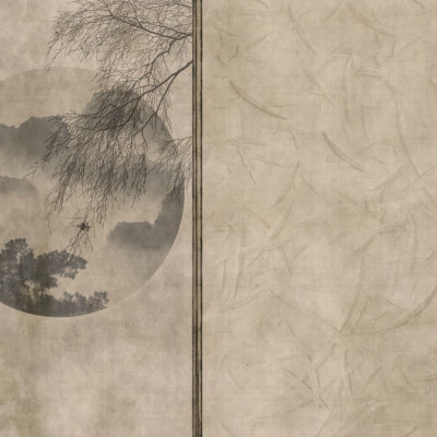 Tapet cu design minimalist, modern, inspirat de arta japoneza, cu un cer senin si ramuri subtiri de arbore.