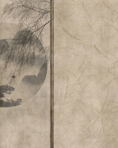 Tapet cu design minimalist, modern, inspirat de arta japoneza, cu un cer senin si ramuri subtiri de arbore.
