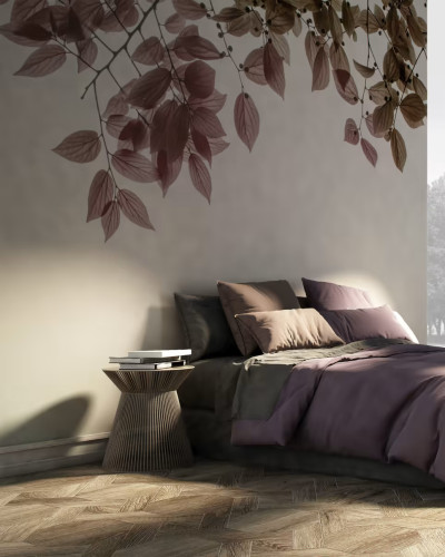 Tapet cu design minimalist de frunze delicate in nuanțe de roz, perfect pentru un dormitor elegant