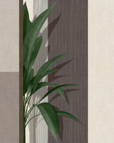 Wallpaper modern cu design minimalist, featuring a plant and stripes in neutral colors