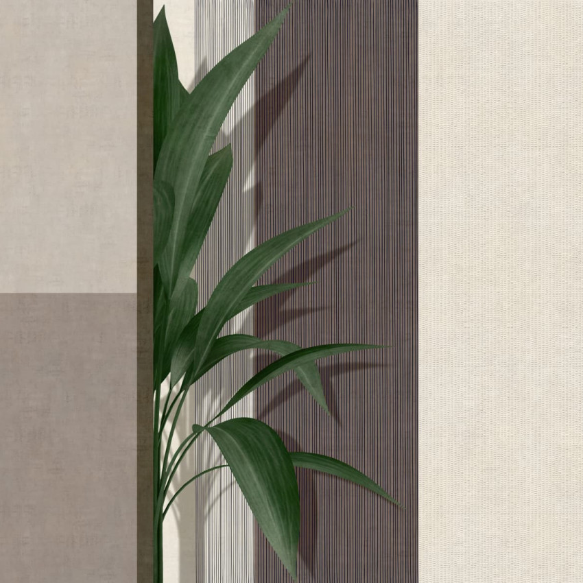 Wallpaper modern cu design minimalist, featuring a plant and stripes in neutral colors