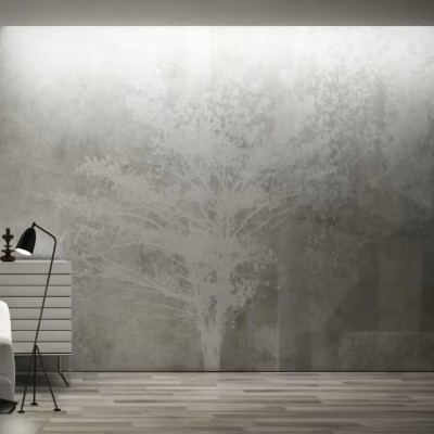 Wallpaper cu design minimalist cu un copac alb pe un fundal gri