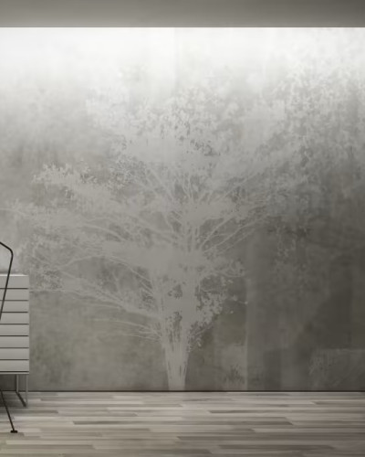 Wallpaper cu design minimalist cu un copac alb pe un fundal gri