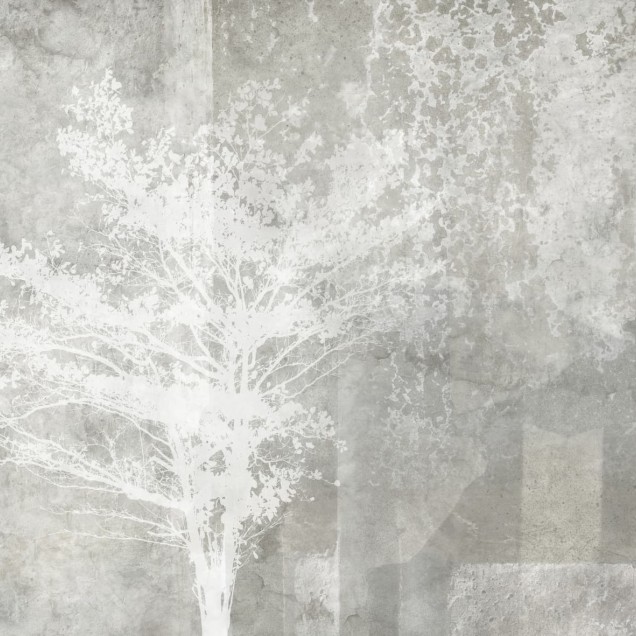Wallpaper cu design minimalist cu un copac alb pe un fundal gri