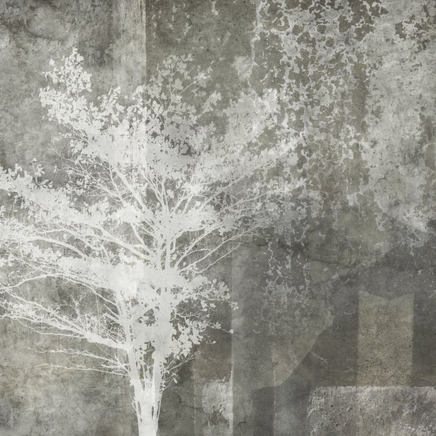 Tapet Tree Variant 2 cu un copac alb pe un fundal gri.