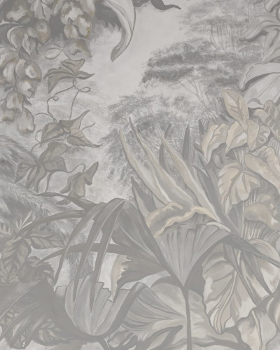 Tapet cu design floral si frunze luxuriante in nuante de gri