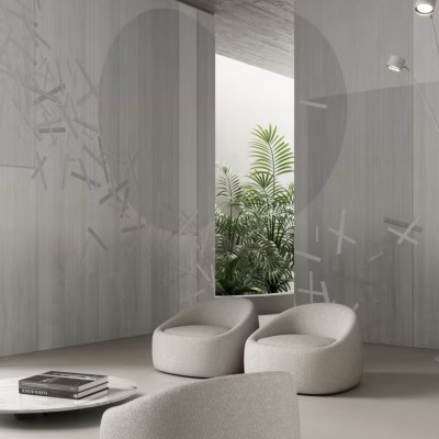 Wallpaper minimalist cu design geometric, in tonuri de gri,  in ambient modern.