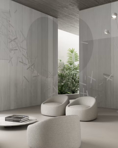 Wallpaper minimalist cu design geometric, in tonuri de gri,  in ambient modern.