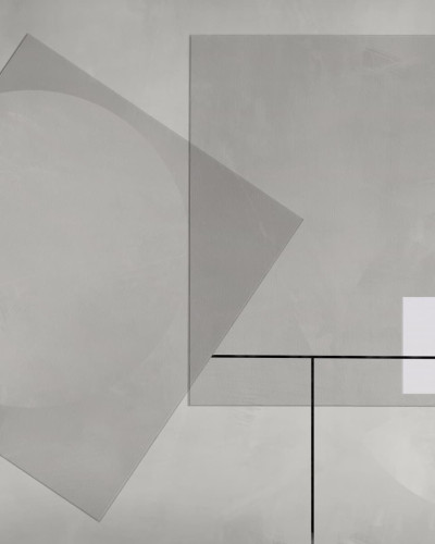 Tapet geometric minimalist gri si alb, cu un design simplu si elegant, perfect pentru un dormitor modern.