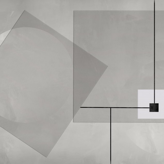 Tapet geometric minimalist gri si alb, cu un design simplu si elegant, perfect pentru un dormitor modern.