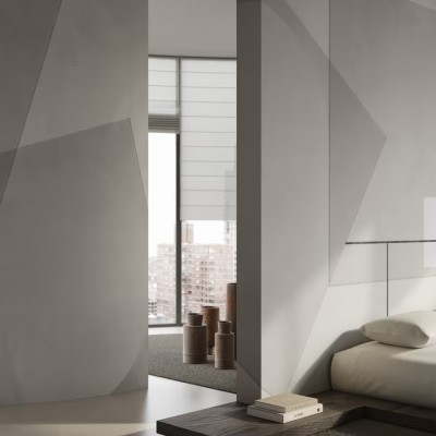 Tapet geometric minimalist gri si alb, cu un design simplu si elegant, perfect pentru un dormitor modern.