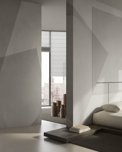 Tapet geometric minimalist gri si alb, cu un design simplu si elegant, perfect pentru un dormitor modern.