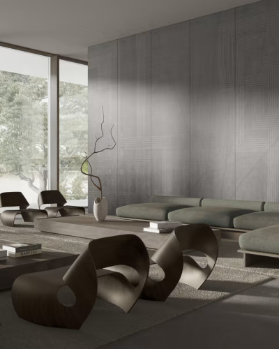Tapet abstract cu design geometric, in tonuri neutre, pentru un decor modern si elegant.