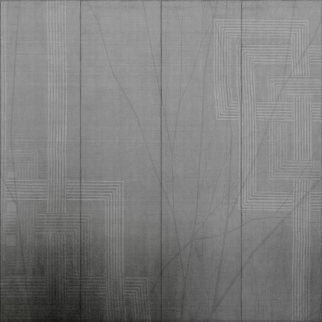 Tapet abstract cu design geometric, in tonuri neutre, pentru un decor modern si elegant.
