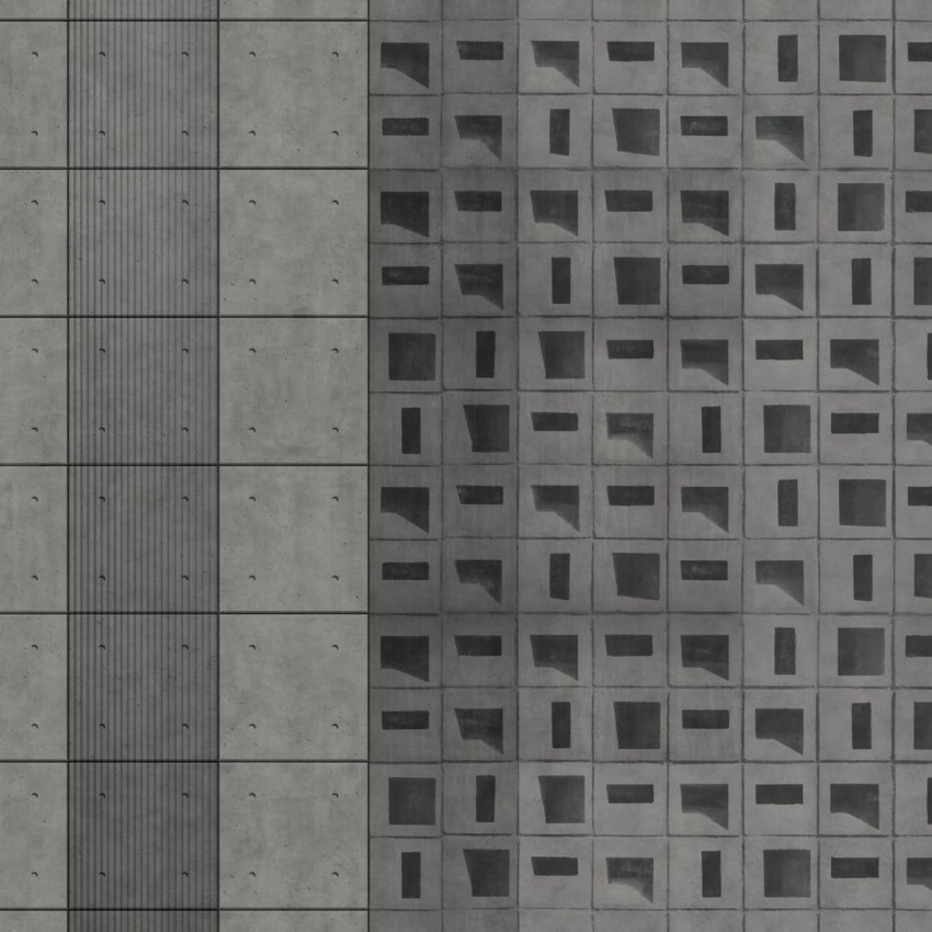 Tapet Marcel Variant 2, cu aspect de beton, cu forme geometrice tăiate în suprafață.