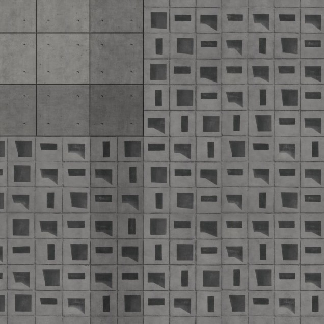Tapet Marcel Variant 2, cu aspect de beton, cu forme geometrice tăiate în suprafață.