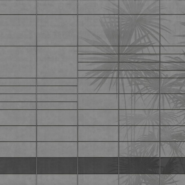 Tapet modern cu design minimalist, inspirat din natura, cu un efect subtil de beton și siluete de palmieri imprimate.