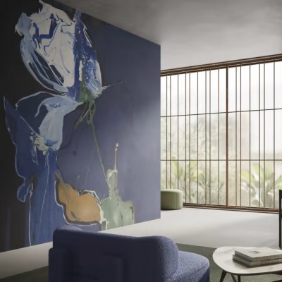 Tapet cu design abstract, cu nuanțe de albastru, verde și portocaliu