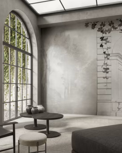 Imagine cu un interior modern decorat cu wallpaper Verona Variant 1. Wallpaper-ul este pozitionat pe un perete accent si infatiseaza o arhitectura clasica, cu arcade si plante agatatoare.