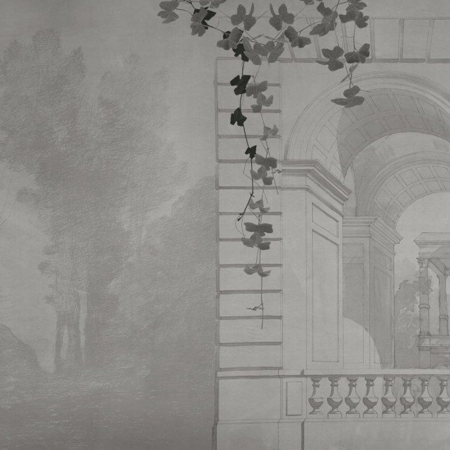 Imagine cu un interior modern decorat cu wallpaper Verona Variant 1. Wallpaper-ul este pozitionat pe un perete accent si infatiseaza o arhitectura clasica, cu arcade si plante agatatoare.