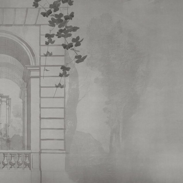 Imagine cu un interior modern decorat cu wallpaper Verona Variant 1. Wallpaper-ul este pozitionat pe un perete accent si infatiseaza o arhitectura clasica, cu arcade si plante agatatoare.