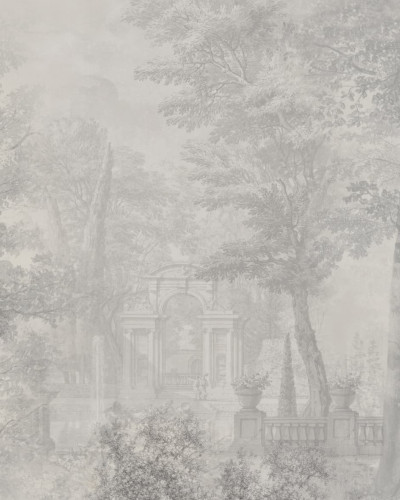Tapet cu aspect vintage ce infatiseaza un peisaj cu arbori si un castel in fundal.