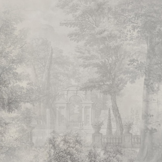 Tapet cu aspect vintage ce infatiseaza un peisaj cu arbori si un castel in fundal.