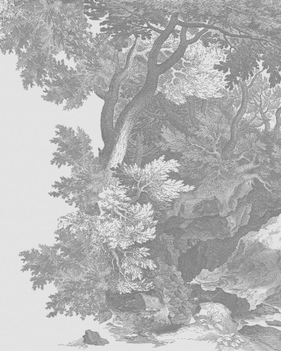 Wallpaper Pompei Variant 2 cu un design clasic reprezentând o peisaj cu un râu, stânci și copaci.